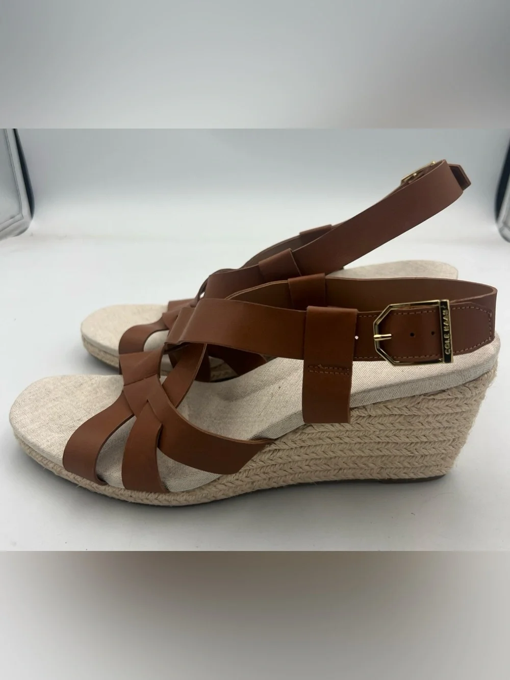 COLE HAAN Crystal Brown Espadrille Strappy Wedge Sandals Women’s Size 9 New